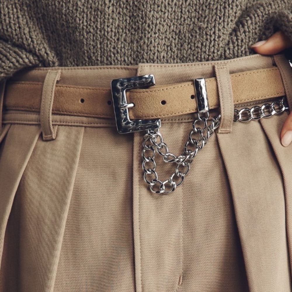 NWT Anthropologie‎ Double Chain Belt XL Taupe Suede Silver Hammered Buckle